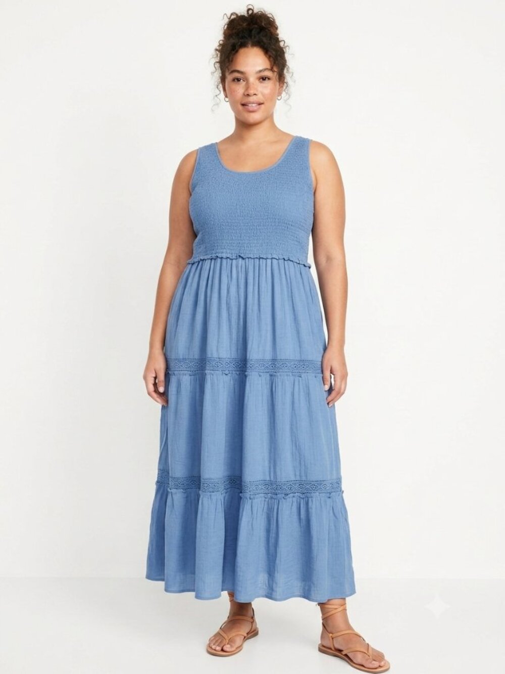 NY Collection Dress Blue Maxi Sleeveless Boho Festival Crochet Smocked 2X NWT